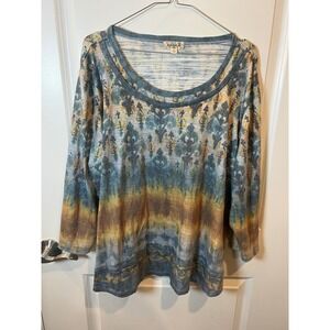 One World Womens Top Waffle Knit Damask Tie Dye Blue 3X
